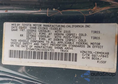 2003 Toyota Tacoma Base V6 z USA, uszkodzony, nr VIN 5TEWN72N13Z224721